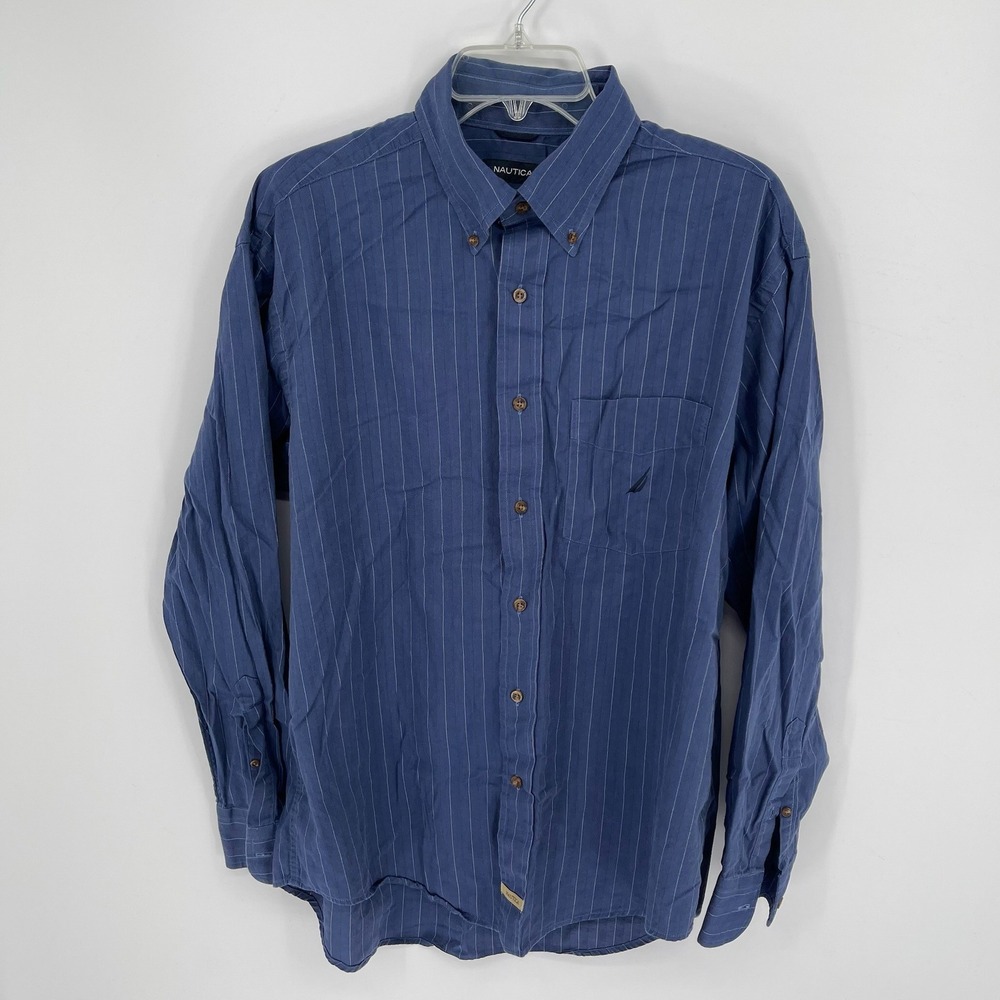 Nautica‎ Men's Blue Pinstripe Traveler Twill Button Down Shirt Size Large